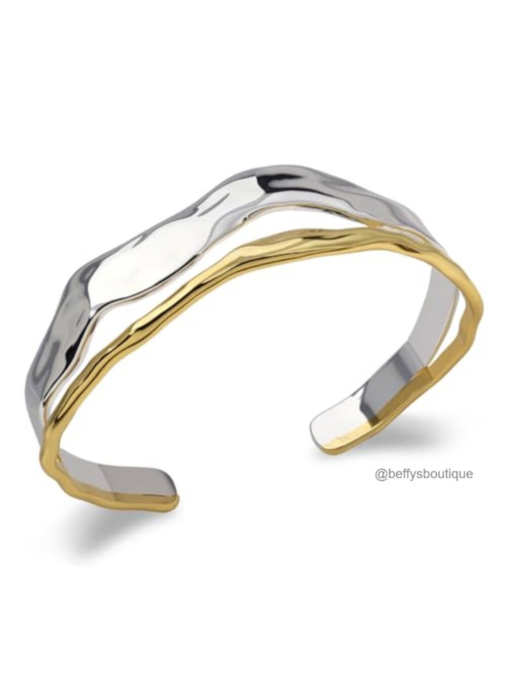 Chunky Gold and Silver Cuff Bracelet Two Tone Open Bangle Hammered Wave